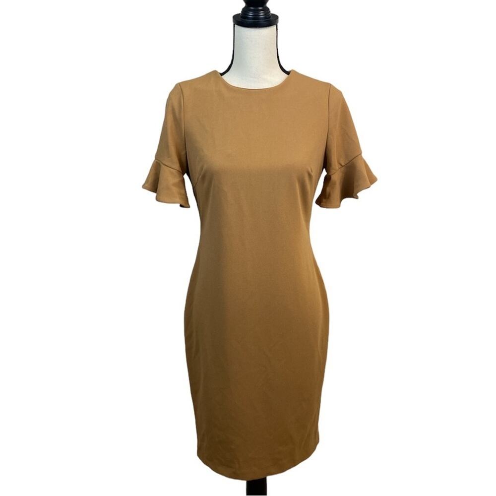 NWT Calvin Klein Camel Ruffle Sleeve Stretch Crepe Dress